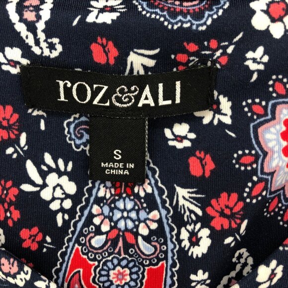 Roz & Ali Top Womens Small Navy Red Paisley Floral Small Sleeves Stretch Boho - Picture 5 of 10